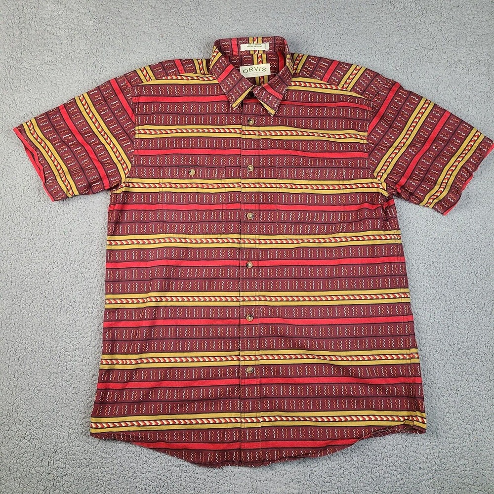 Orvis Shirt Mens Large Red Burgundy Tribal Button Down Short Sleeve Cotton